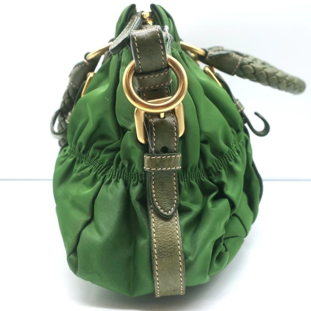 Prada Tessuto Gaufre Braided Handle Satchel Green Nylon Medium Crossbody Bag - Picture 5 of 12